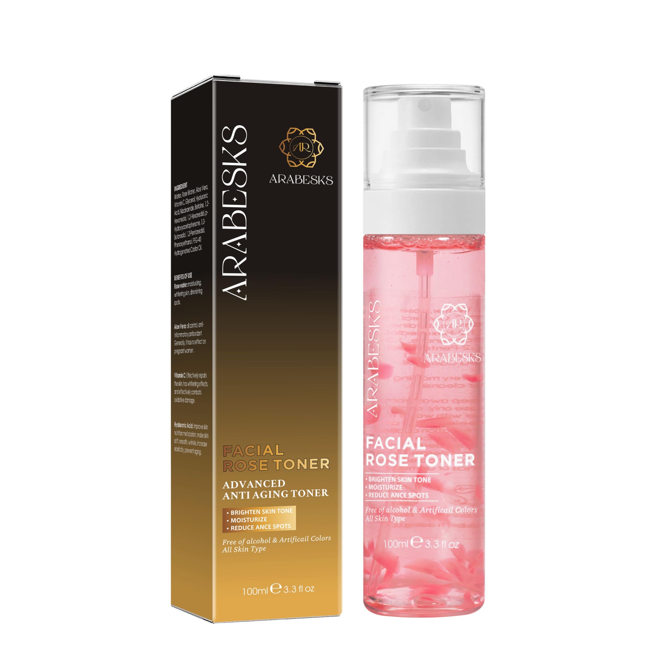 ARABESKS Rose Toner Spray - Natural, Organic, Vegan, Hyaluronic Acid, Aloe Vera, Vitamin C, Flower Floated Rose | Facial Mist, Face Toner, Spray for Face