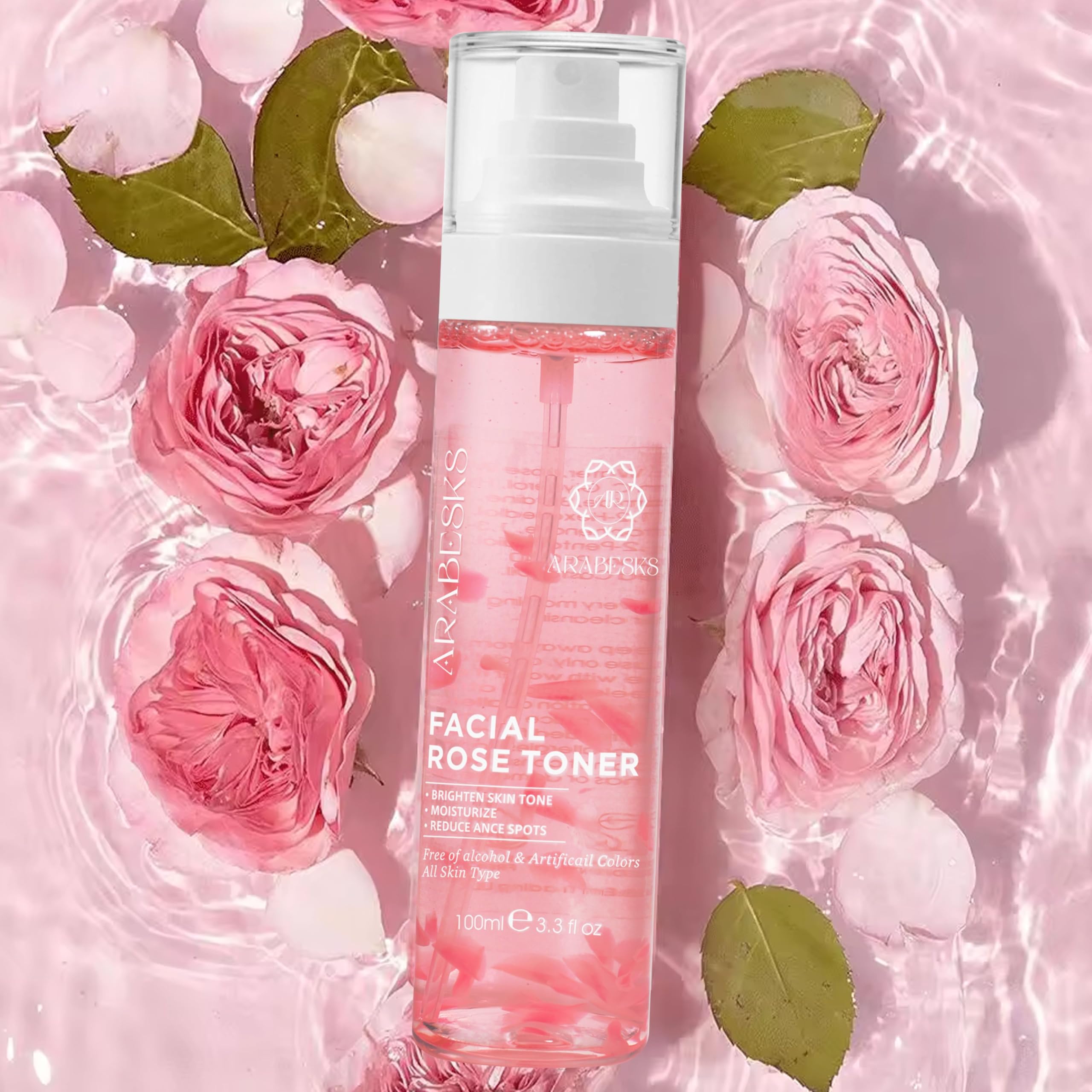 ARABESKS Rose Toner Spray - Natural, Organic, Vegan, Hyaluronic Acid, Aloe Vera, Vitamin C, Flower Floated Rose | Facial Mist, Face Toner, Spray for Face