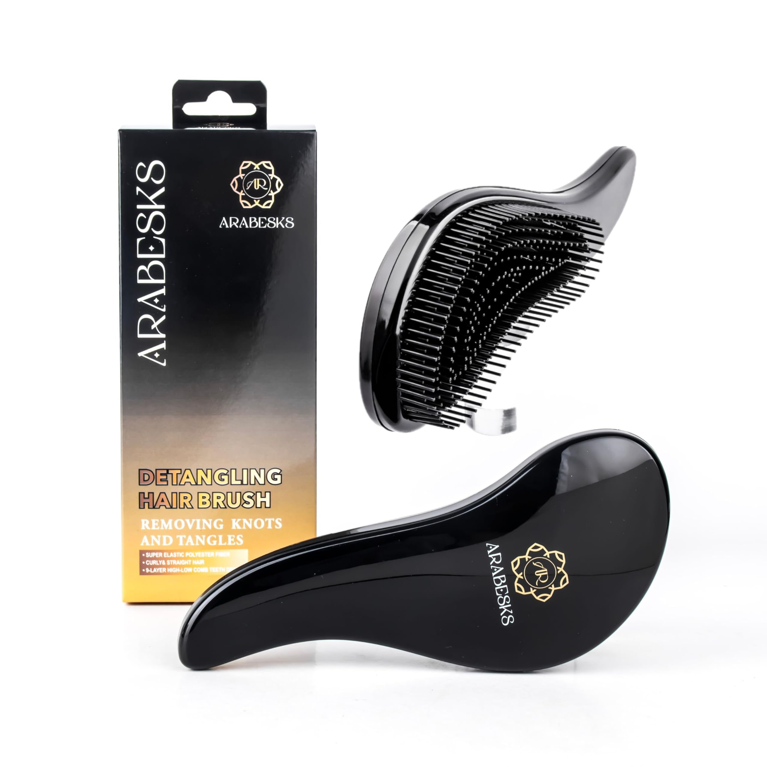 ARABESKS Detangling Brush for Adults & Kids Hair - Detangler Brush for Wavy, Curly, Straight, Wet or Dry Hair - Black